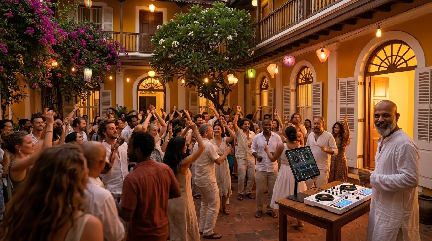A night party in a Pondicherry courtyard: an international crowd dances, the DJ plays DJ Mantra on a tablet over the white Hercules DJControl Mix Ultra