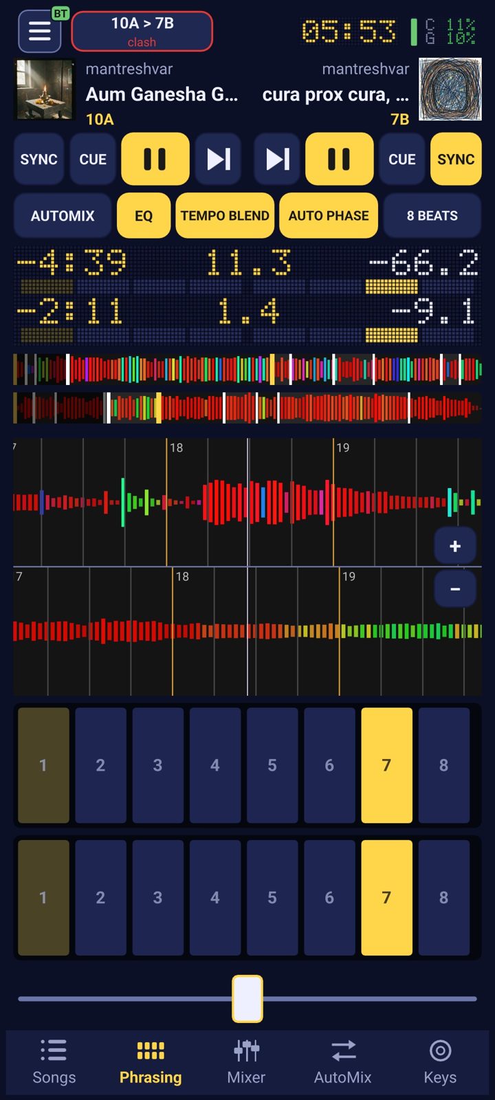 DJ Mantra on a phone: two songs playing, the pads lighting beat 7 of the phrase